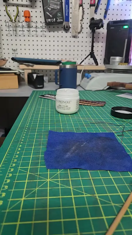 Fitting up indigo panels — Rogue Artisan leather workshop, East Vancouver