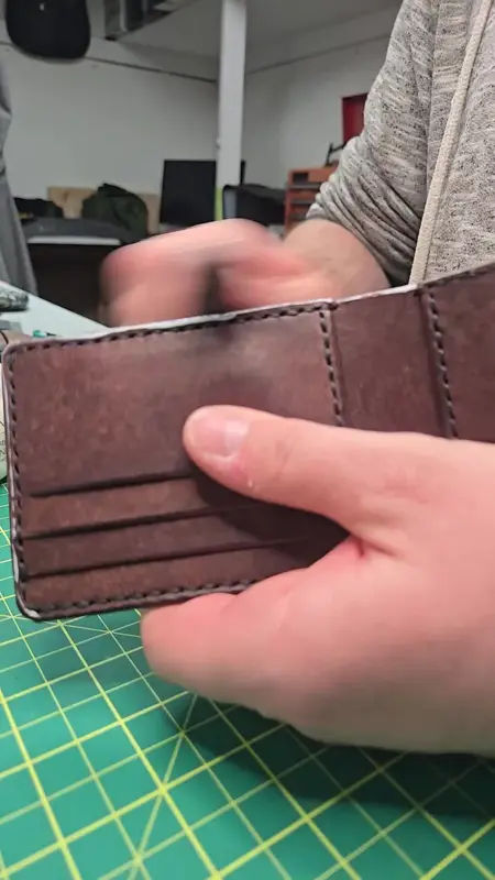 A card wallet, fresh off the bench — Rogue Artisan leather workshop, East Vancouver