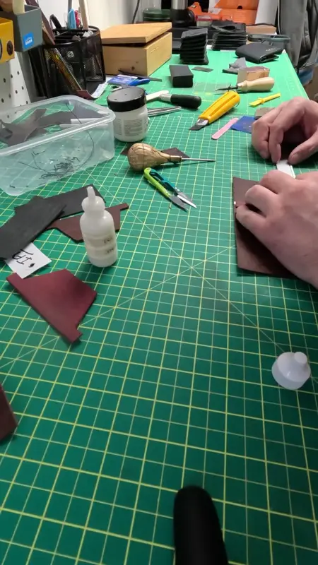 Gluing up small panels — Rogue Artisan leather workshop, East Vancouver