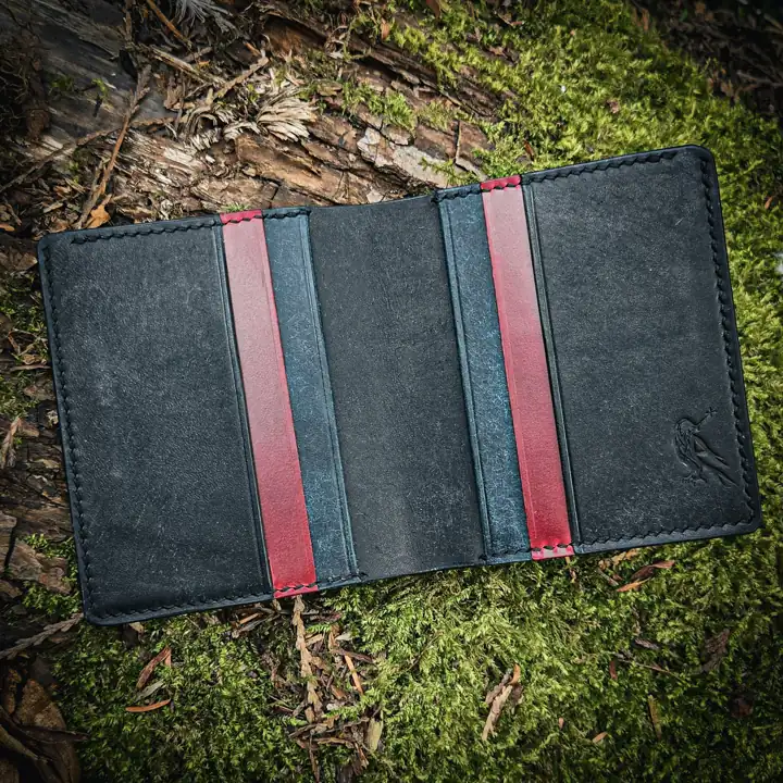 Card holder open — red and green lined pockets — Rogue Artisan, East Vancouver