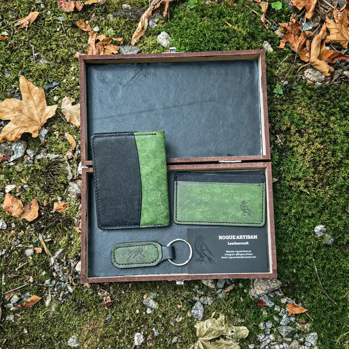 Gift set boxed up — green and black, ready to hand off — Rogue Artisan, East Vancouver